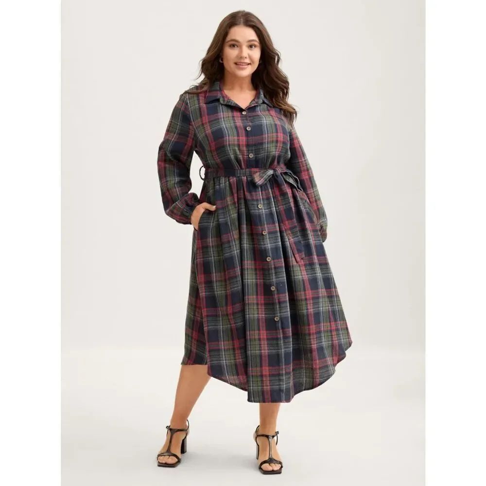 Bloomchic Plaid Button Detail Pocket Belted Arc Hem Dress NEW NWT Size 26/3X
